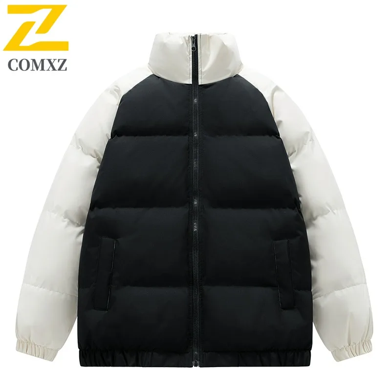 

COMXZ 2025 Men Women Couple Stand Collar Fleece Lined Thick Down Cotton Jacket Winter Trendy Color Block Coat