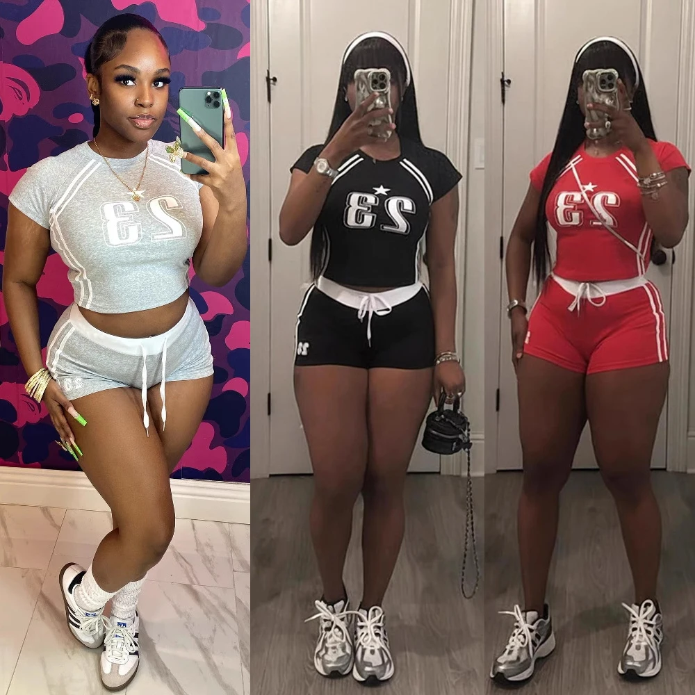 

Summer Two 2 Piece Set Women Outfits Colorblock Letter Print Crop Top and Drawstring Shorts Suit Female New Streetwear Tracksuit