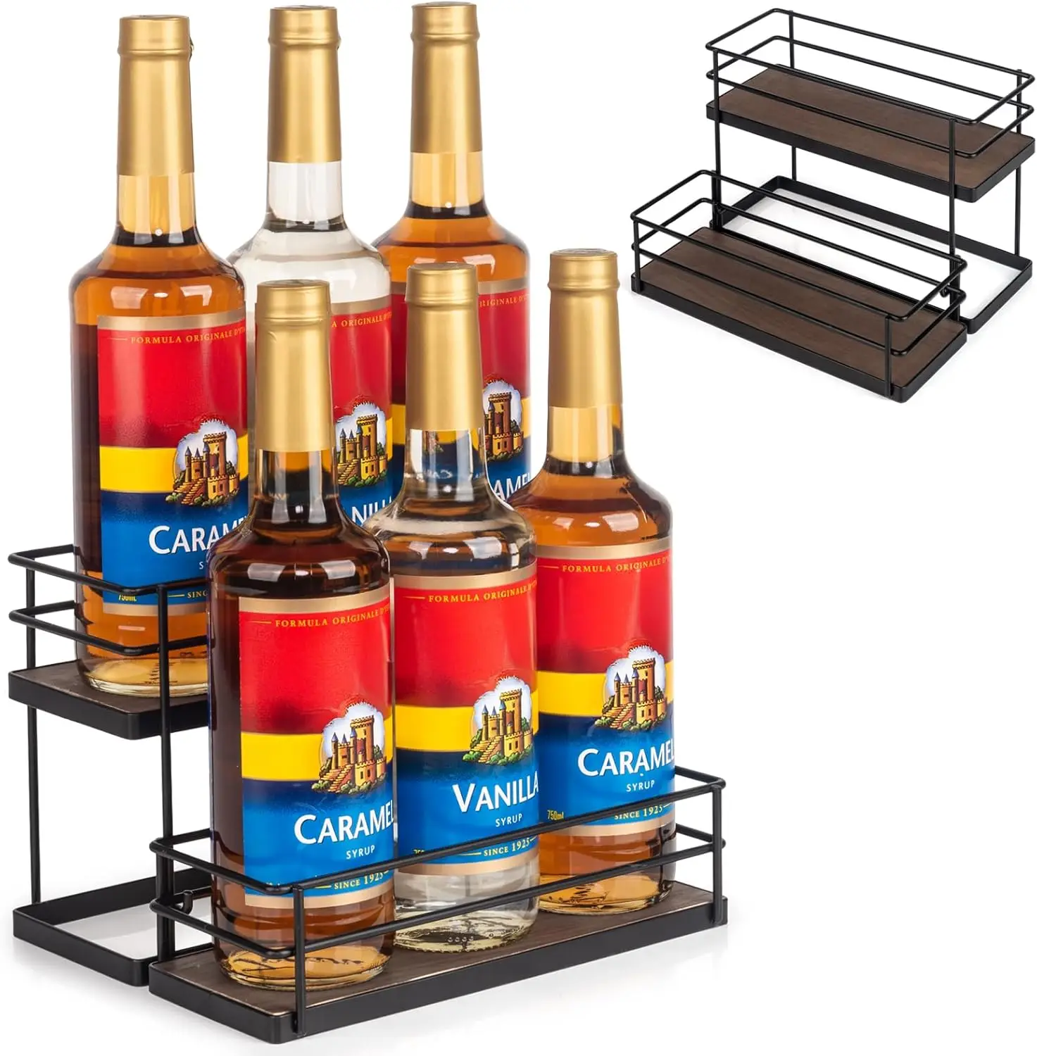 

2-Tier Coffee Syrup Organizer Rack for Kitchen Bar Storage Holds 6 Bottles