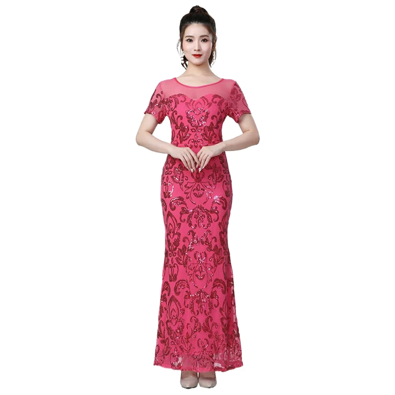 Damen Pailletten-Meerjungfrauenkleid, langes Abendkleid, kurze Ärmel, formelles Kleid für Party, Bankett, Bühnenauftritt, Hochzeitsgast, Maxikleid – Detail 4