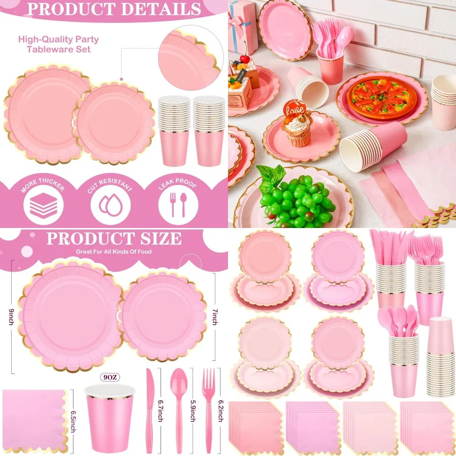 

168 Pcs Pink Dinnerware Sets for Princess Birthday Party Bridal Shower Baby Shower Decorations Disposable Paper Plates Cups Nap
