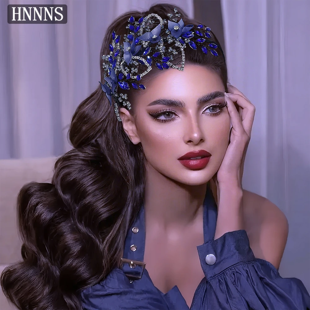 

HNNNS Woven Leaves Hair Accessories Exquisite Flowers Hair Hoop Blue Crystal Headdress Bridal Wedding Dress Headpiece A351