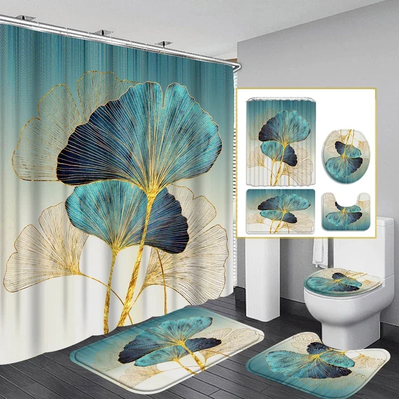 1/4 piece shower curtain set, waterproof bathroom partition curtain with hooks, anti-slip bath rug, U shape mat, toilet seat cov