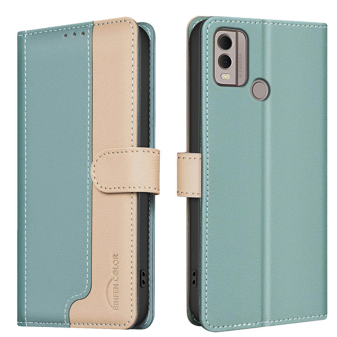 

For Nokia C22 Phone Case Protective Case Color-Blocked RFID Soft Shell Flip Leather Case