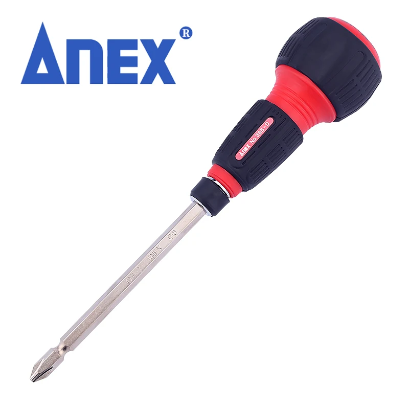 ANEX Ratchet Screwdriver 60 Gears NO.395D Ball Handle, Magnetic Driver Bit (Phillips Slot +2, Flat Head 6), Made in Japan