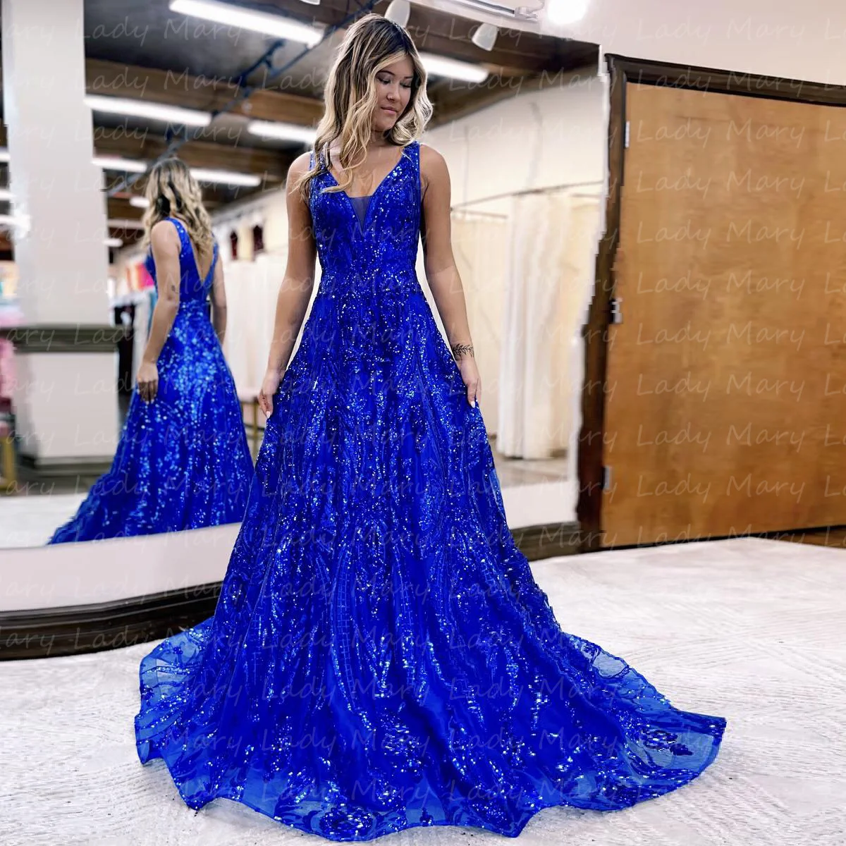 Robe de Bal Bleu Royal Personnalisée en Dentelle à Paillettes, Tenue de Soirée Formelle à Col en V, Manches, ixd'École, Remise de Diplôme, pour Fille