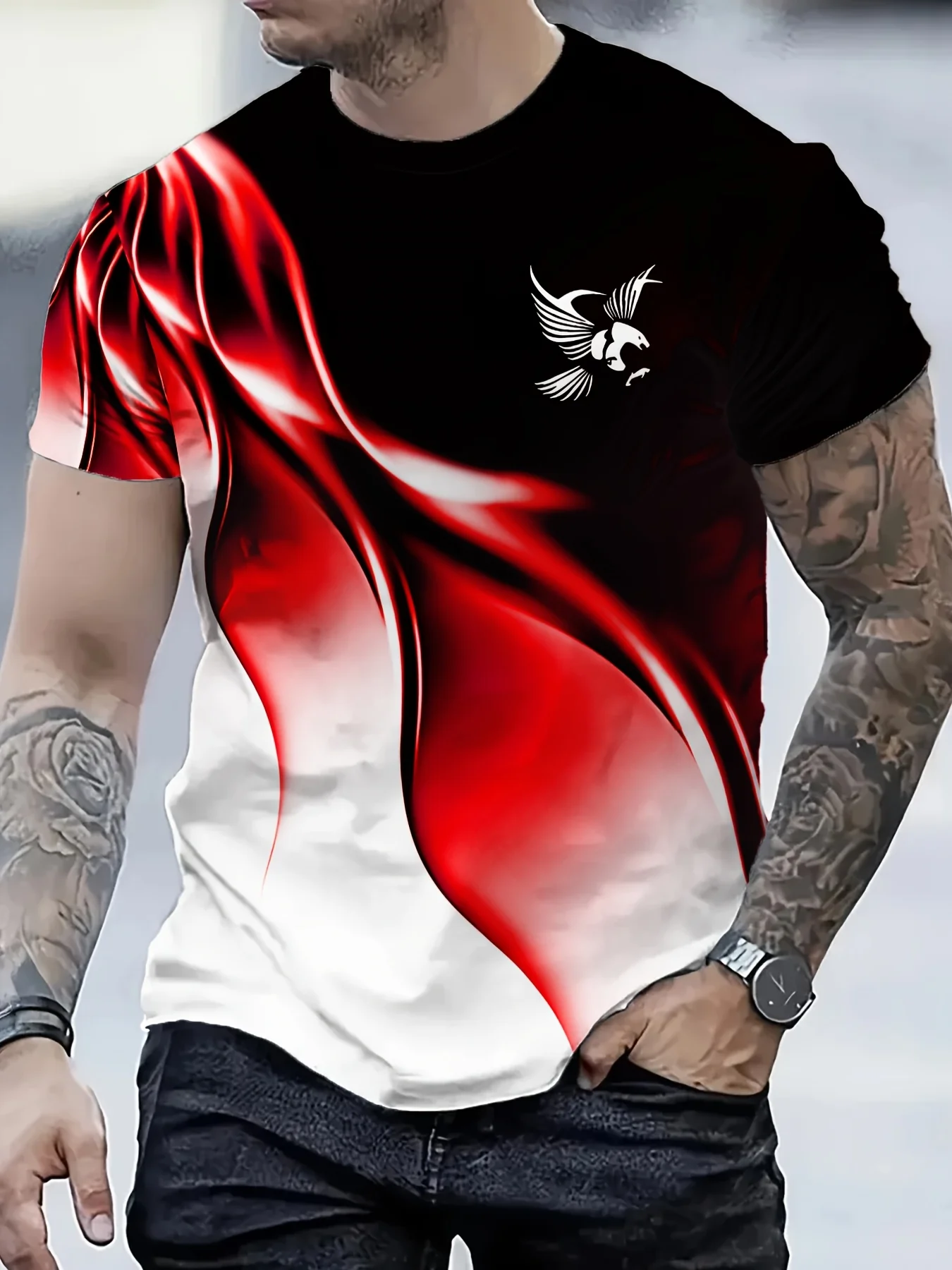 Summer Men T Shirt 3D Digital Printing Flowing Flame Eagle Pattern Crew Neck Short Sleeve Tops Loose Oversized Men Clothing