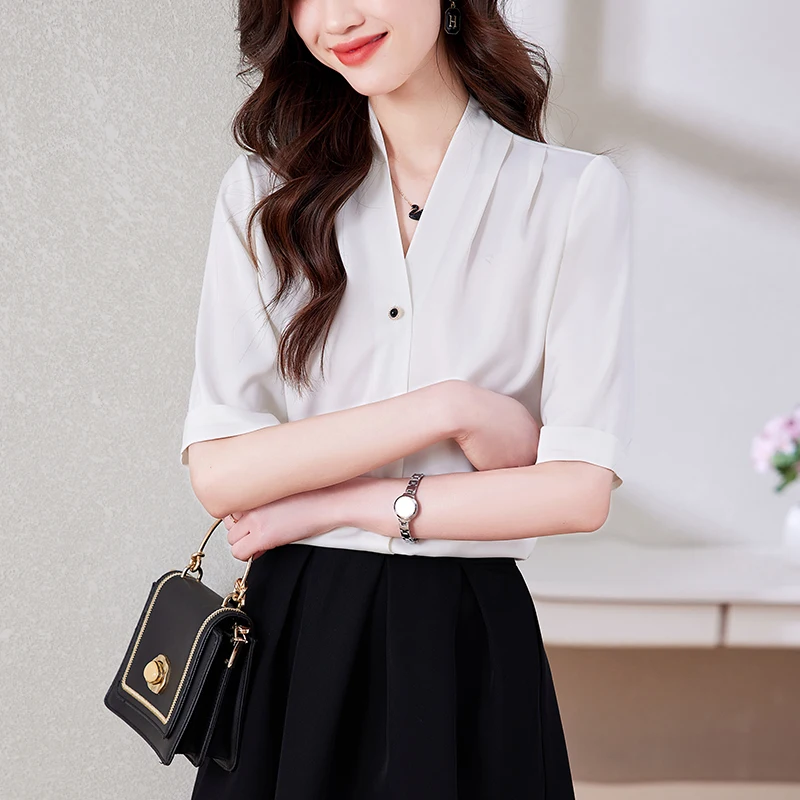 Women Summer Korean Fashion Satin Button Shirts Office Lady Elegant Business Casual Blouses Solid V Neck Short Sleeve Slim Tops