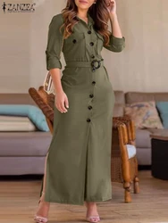 ZANZEA Turn-down Collar Fashion 2024 Shirtdress Commute Long Sleeve Streetwear Side Slit Maxi Dress Autumn Belted Cargo Vestidos