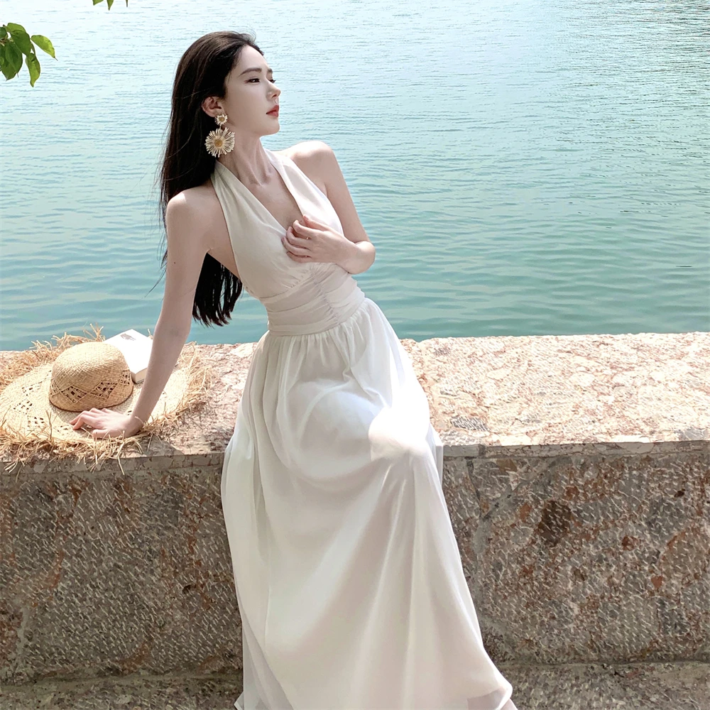 

Пляжное платье с V-образным вырезом и завязками на шее, женское, весна-лето 2025, новое, супер-сказочное, с завышенной талией, длинное