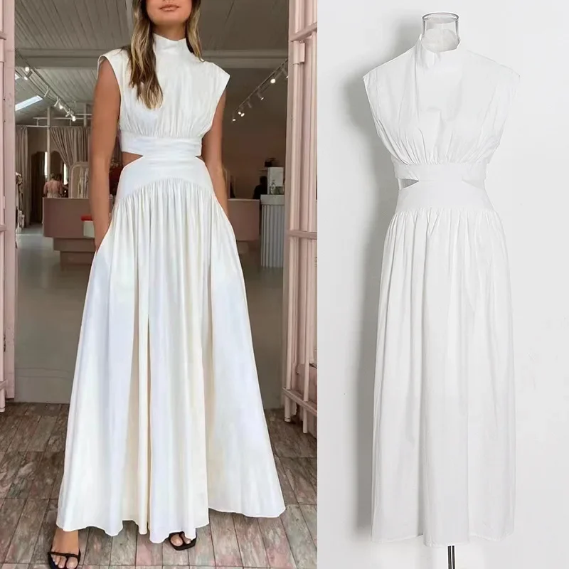 

Urban leisure long dress 2024 spring new minimalist style standing collar sleeveless hollow out design solid color women's dress