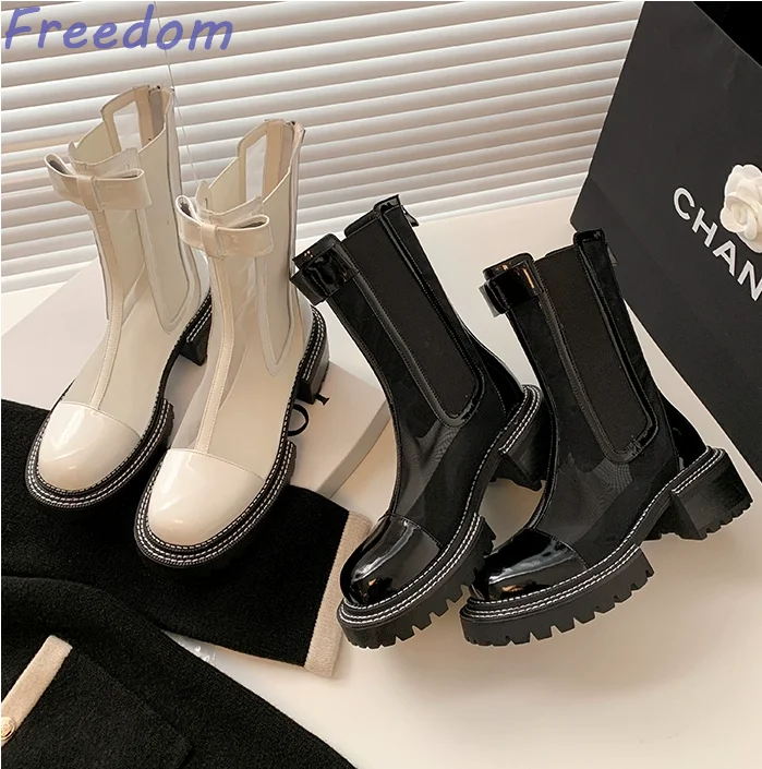 

Leather mesh smoker tube boots women's platform block heel booties summer openwork breathable mesh sandals