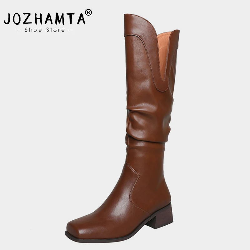 JOZHAMTA Size 33-40 Women Knee Boots Genuine Leather Chunky High Heels Shoes For Women Winter Square Toe Luxury Brand Long Boots