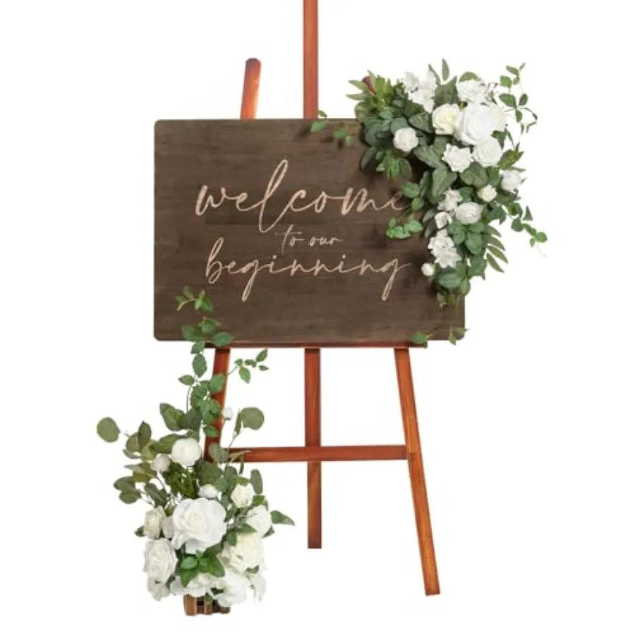 

Wedding Welcome Sign Floral Swag 17.5" Tall Standing Artificial Flowers Backdrop Garland White Green Ceremony Reception Wall Ea