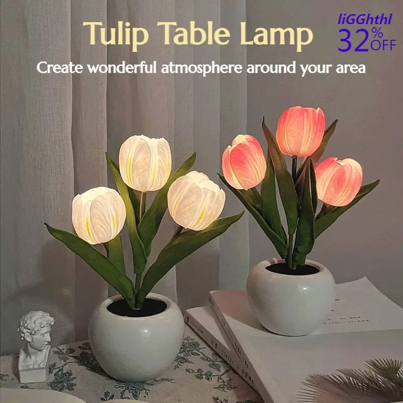 

LED Tulip Night Light Simulation Flower Table Lamp With USB Battery Romantic Desk Lights Decor Bedroom Lighting Birthday Gift.