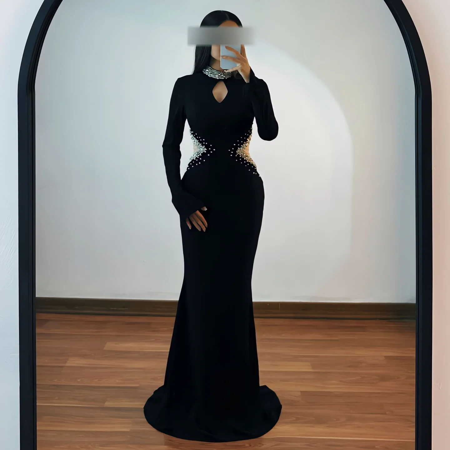 AsaNagi Customized Black Cutout Prom Gown Women's Turtleneck Beaded Party Evening Dress Floor Length Special Occasion Dresses