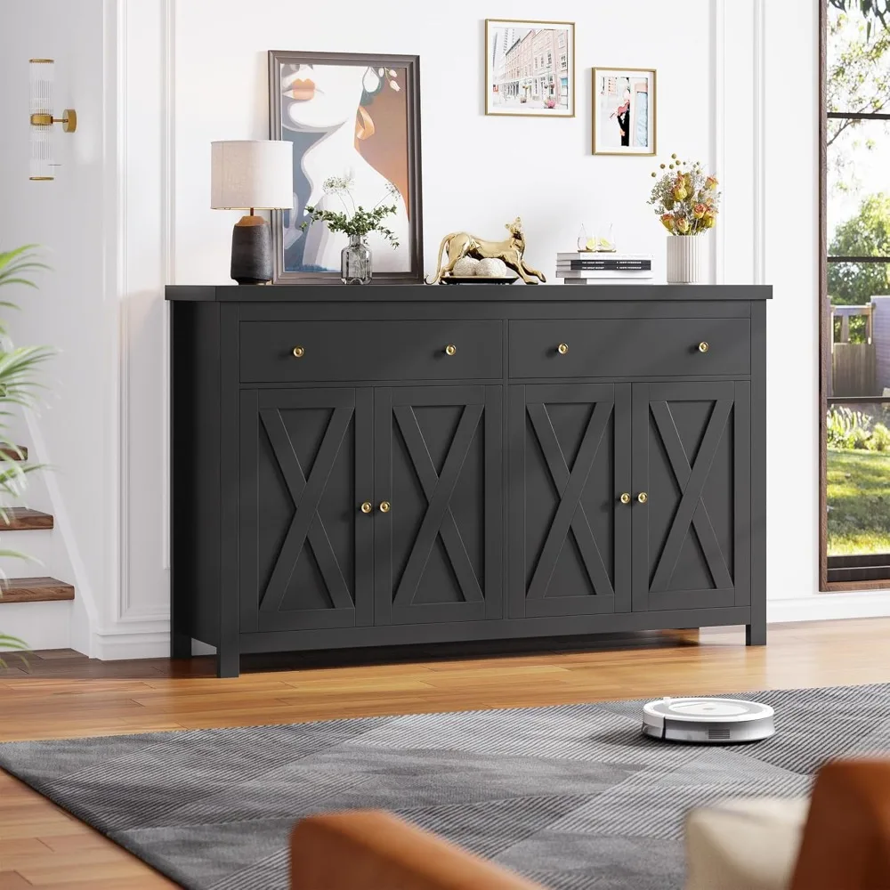 

55 inch large kitchen storage cabinet with 2 drawers and 4 doors, kitchen dining self-service table console cabinet