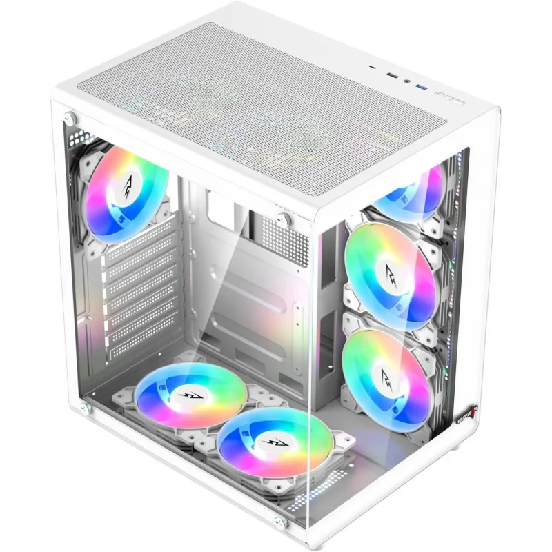 حافظة ألعاب متوسطة البرج - زجاج مقسى، تتضمن مراوح ARGB مقاس 6 × 120 مم ومحور مروحة ARGB ذو 10 منافذ مع جهاز تحكم عن بعد، ودعم ATX/M-ATX/ITX،