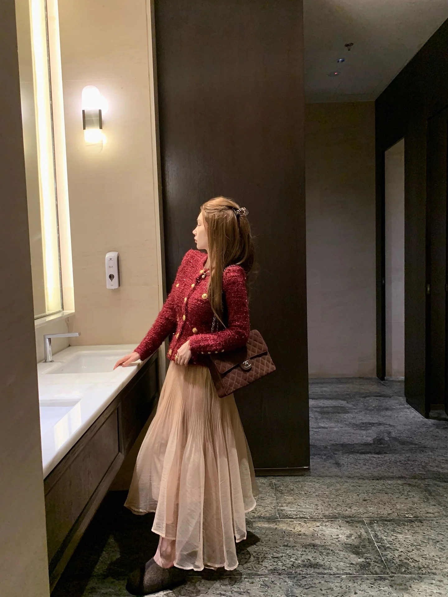 

Gwu Daxiao Evening Breeze Gentle Design Sense Asymmetrical Hem Elastic Waist f-length Skirt Fene Sle Daily Ocn