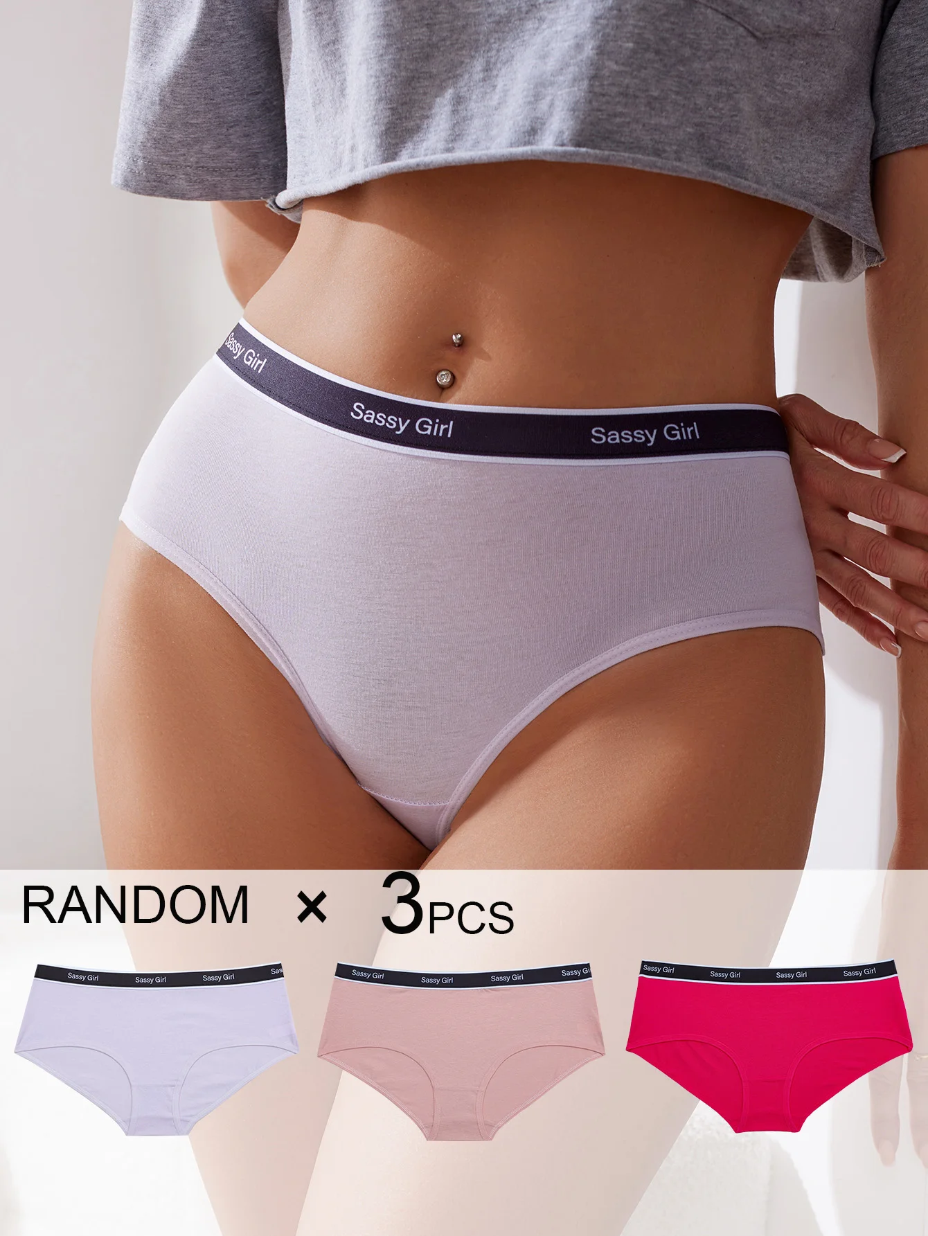 Paquete de 3 bragas de algodón puro para mujer, con cintura tejida en color aleatorio, agradable al tacto y que se adapta a la cintura.