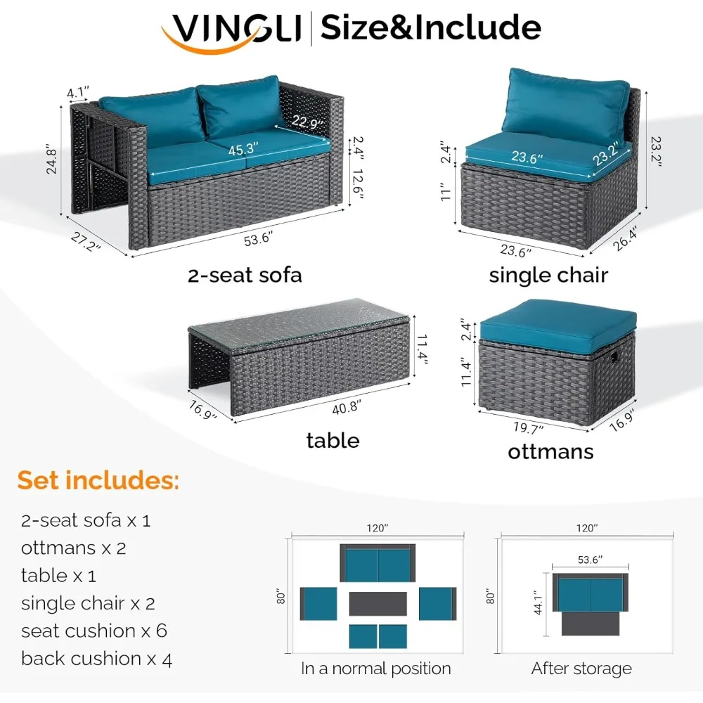 طقم أثاث فناء من الخيزران مكون من 6 قطع، مجموعة أثاث خارجي مقطعي للفناء، تصميم موفر للمساحة مع عثماني #3