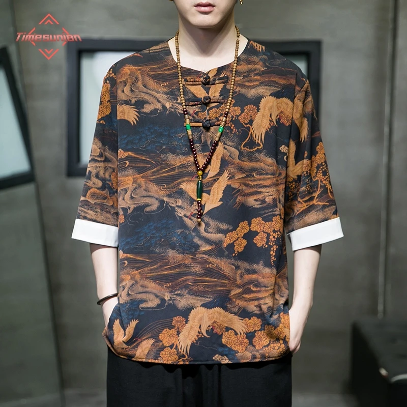 

Summer Cool Ice Silk T Shirt Man Digital Print Chinese Hanfu Short Sleeve Shirt Flower Man
