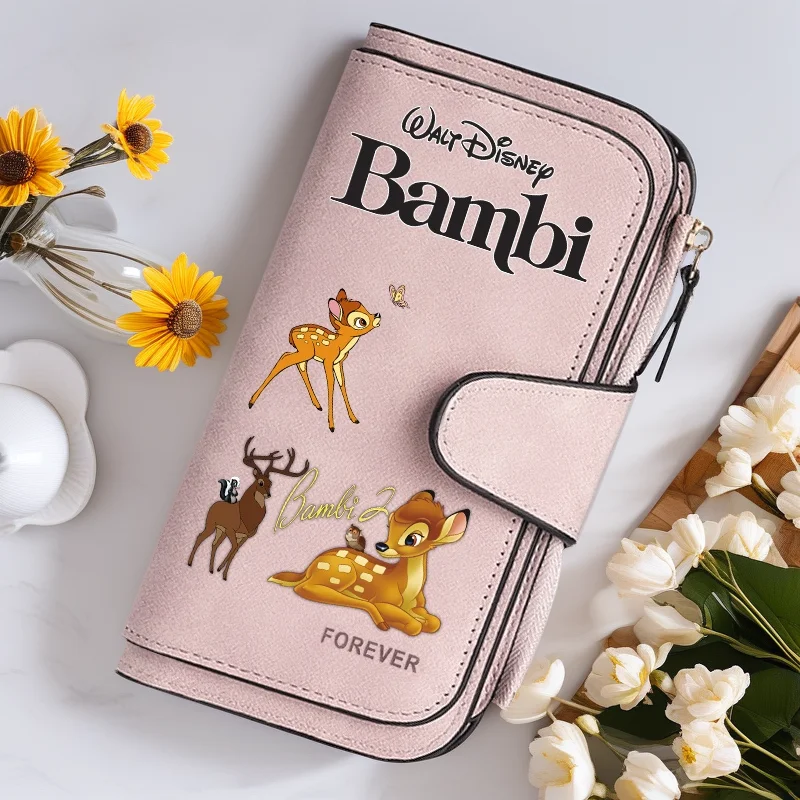 

Длинный кошелек Bambi на молнии с несколькими картами, милый мультяшный узор, мягкий текстурированный кошелек для женщин, большой вместительный кавайный женский клатч