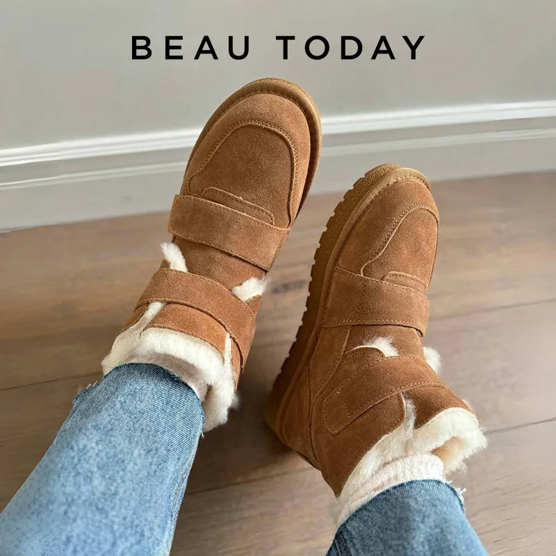 BEAUTODAY Snow Boots Women Cow Suede Furry Solid Color Round Toe Hook & Loop Flat With 2023 Winter Lasies Shoes Handmade 08042