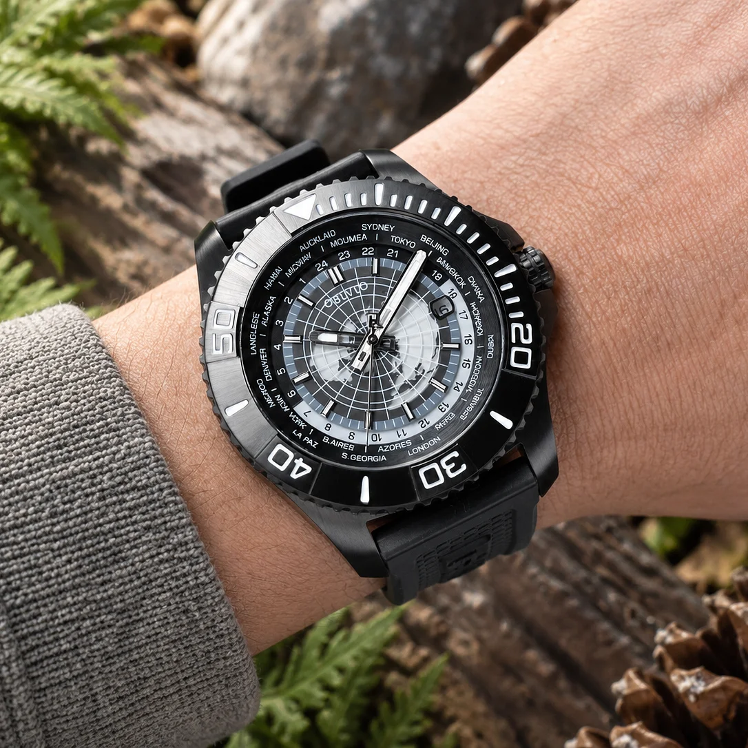 OBLVLO Men's Black PVD Military Watch Automatic Mechanical Timepiece with World Time Sapphire Crystal Super Luminous Hands BM