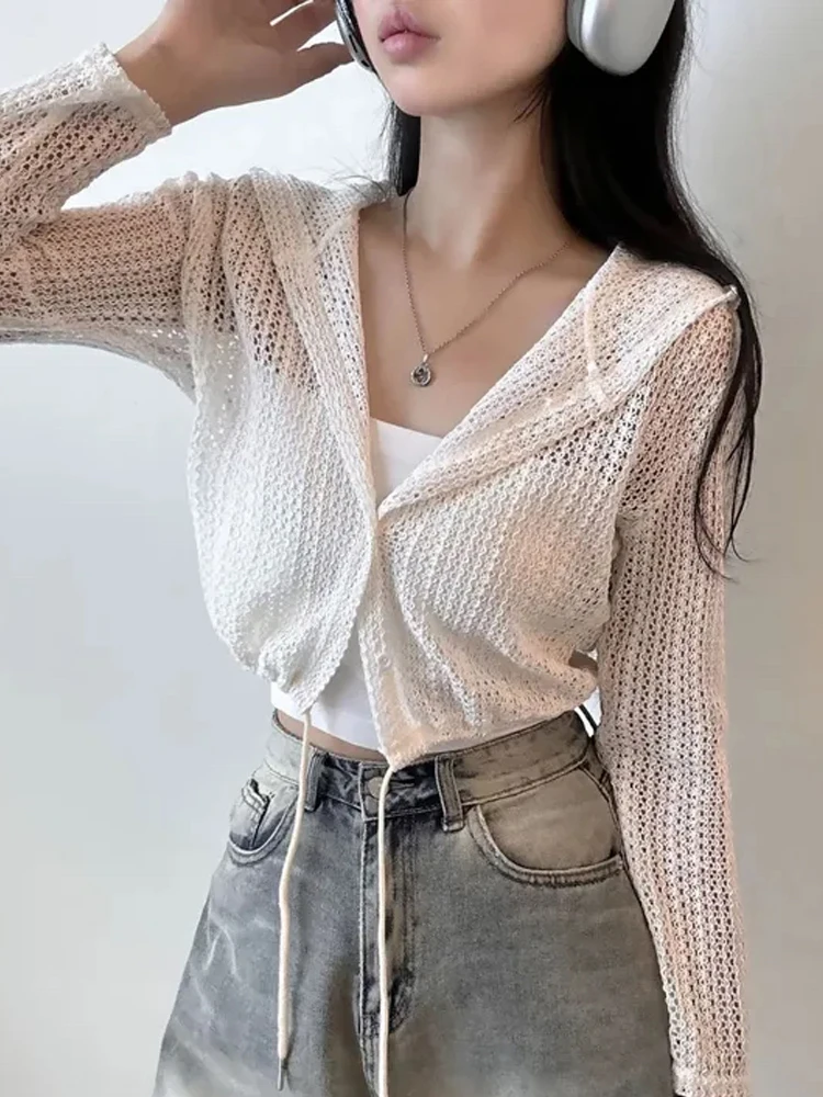 เกาหลีSle Hooded Hollow OutเชือกDstring Orผู้หญิงOuterwearต้นฤดูใบไม้ร่วงบางครีมกันแดดTop Coat