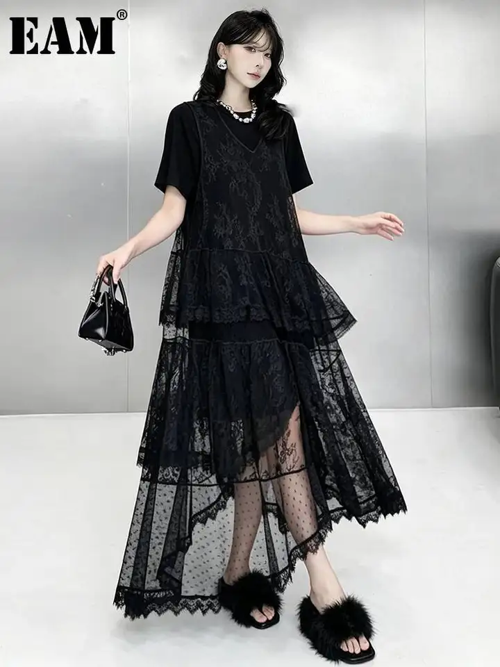dress long eam EAM] Women Black Lace Irregular Perspective Big Size Long Vest Dress New  V-Neck Sleeveless Fashion Spring Summer 2026 1DJ7737