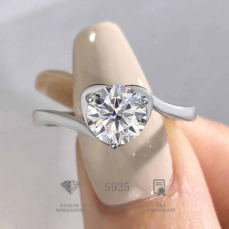 DW Luxury Moissanite Heart Rings for Women Shiny Diamond Engagement Jewelry Real 925 Sterling Silver Bride Promise Wedding Gift