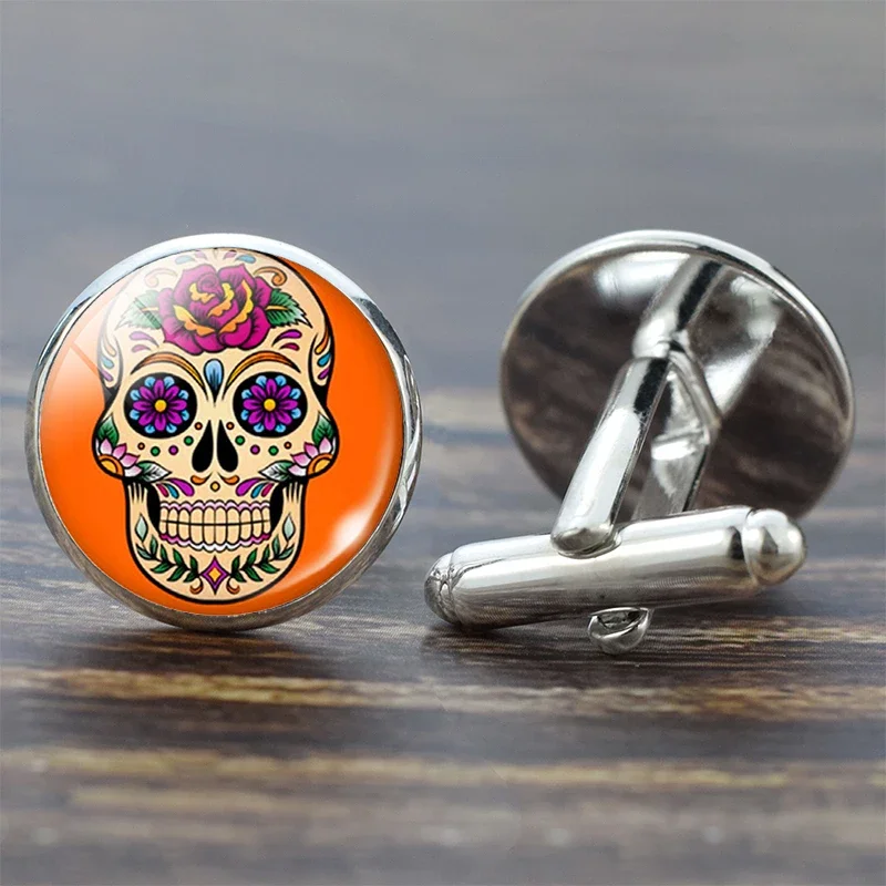 Skull Cufflinks for Men Suit Shirt Best Man Cufflinks Set Sugar Skull Jewelry Glass Cabochon Cuff Links Fashion Gifts