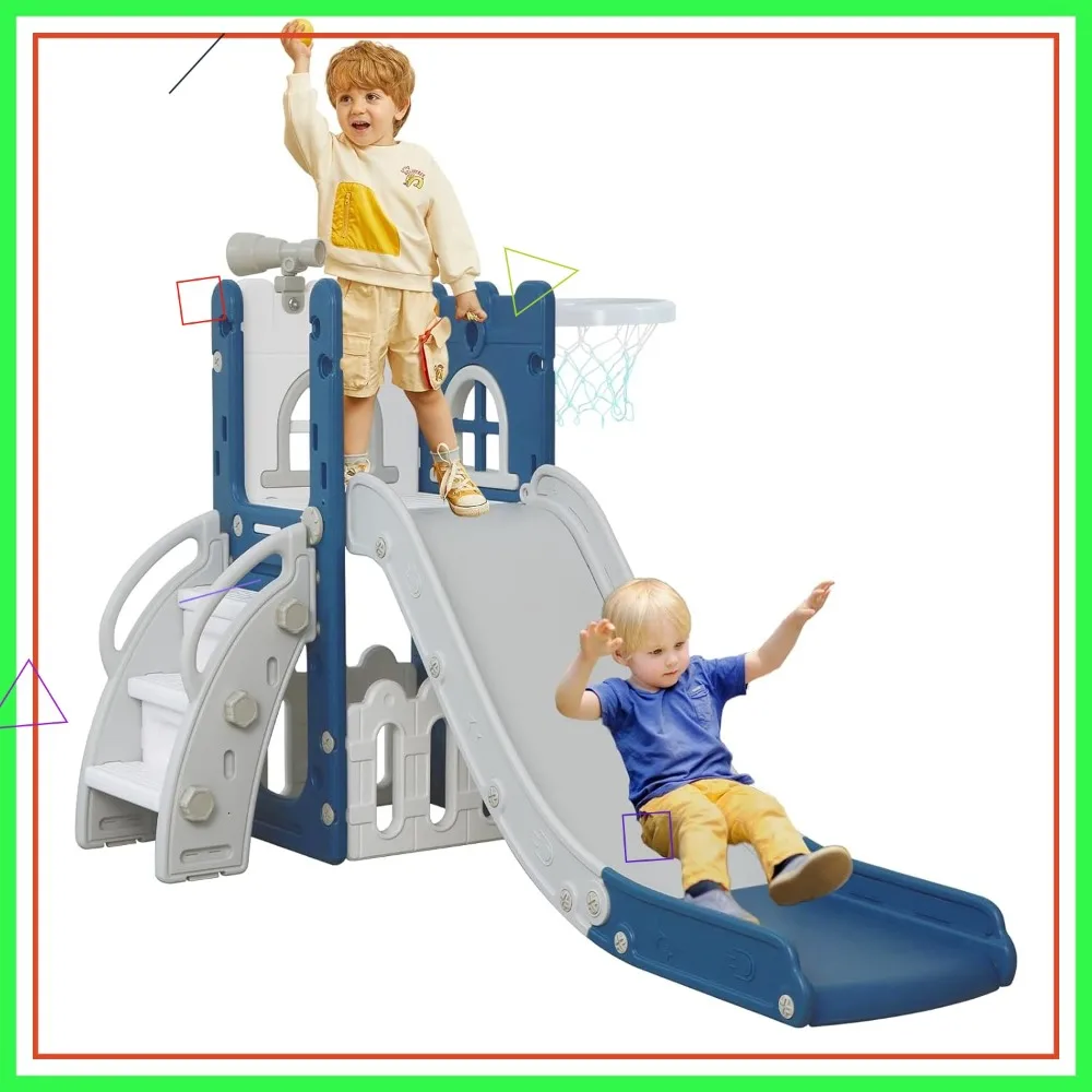 

6 in 1 Toddler Slide, Kids Climber with Basketball Hoop, Storage & Telescope, L-Shaped Indoor Outdoor Playset
