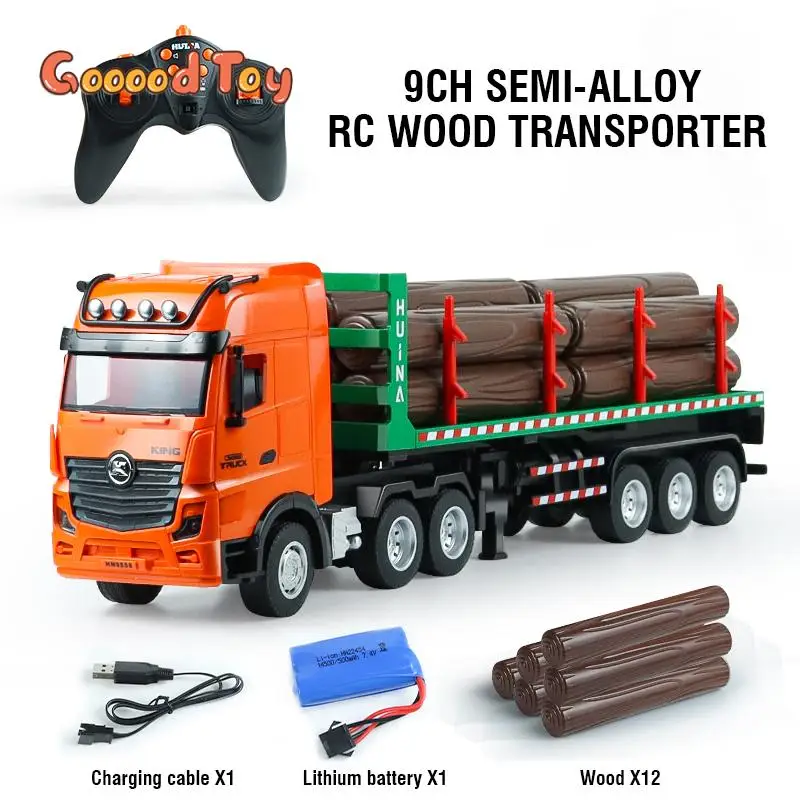 HUINA 1:18 Remote Control Truck Wood Transporter Alloy Locomotive 9 Channels RC Transporter Truck with Sound Lights Kid Toy Gift