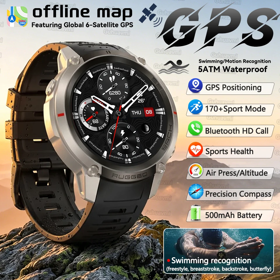 

Outdoor Military Offline Map GPS Smart Watch 5ATM Waterproof Six Star positioning Compass 170+ Sport Swim Smart Watches man 2026