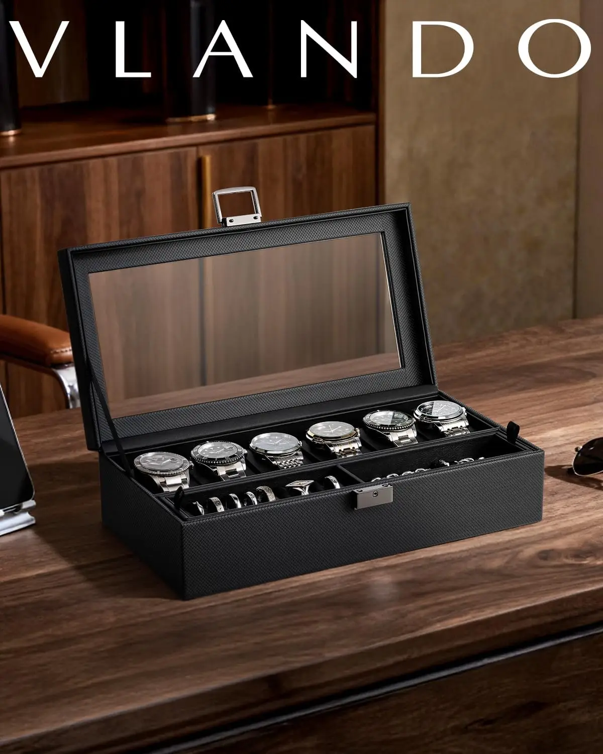 6-Slot Watch Case for Men, Glass Lid Storage Box, Leather Organizer with Soft Pillow, Gift for Dad, Black