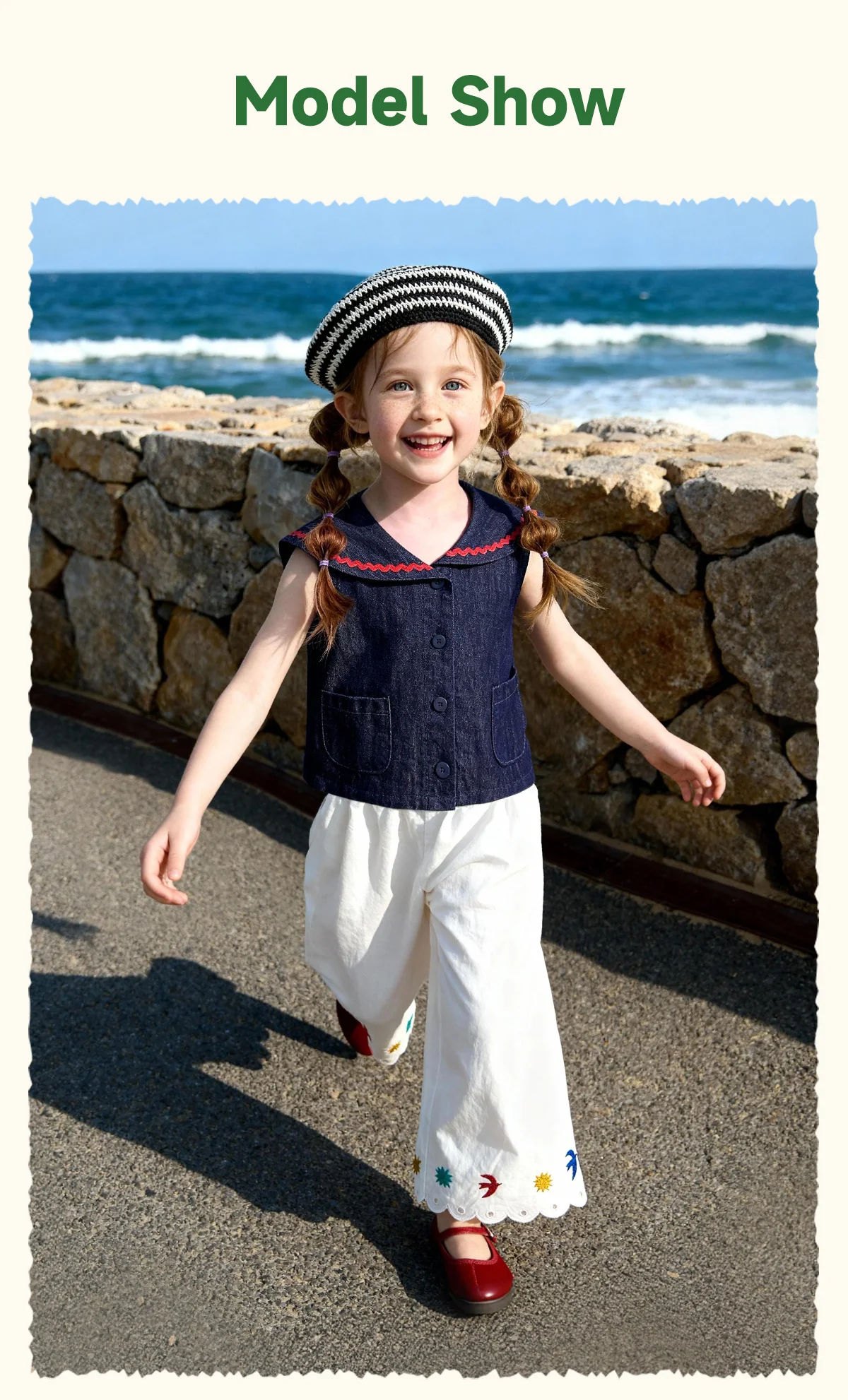 Amila 2026 Sommer Neue Kinder-Freizeithose mit Blumen- und Vogelstickerei, lockerer, lässiger Stil, einfarbig, weites Bein – Detail 7