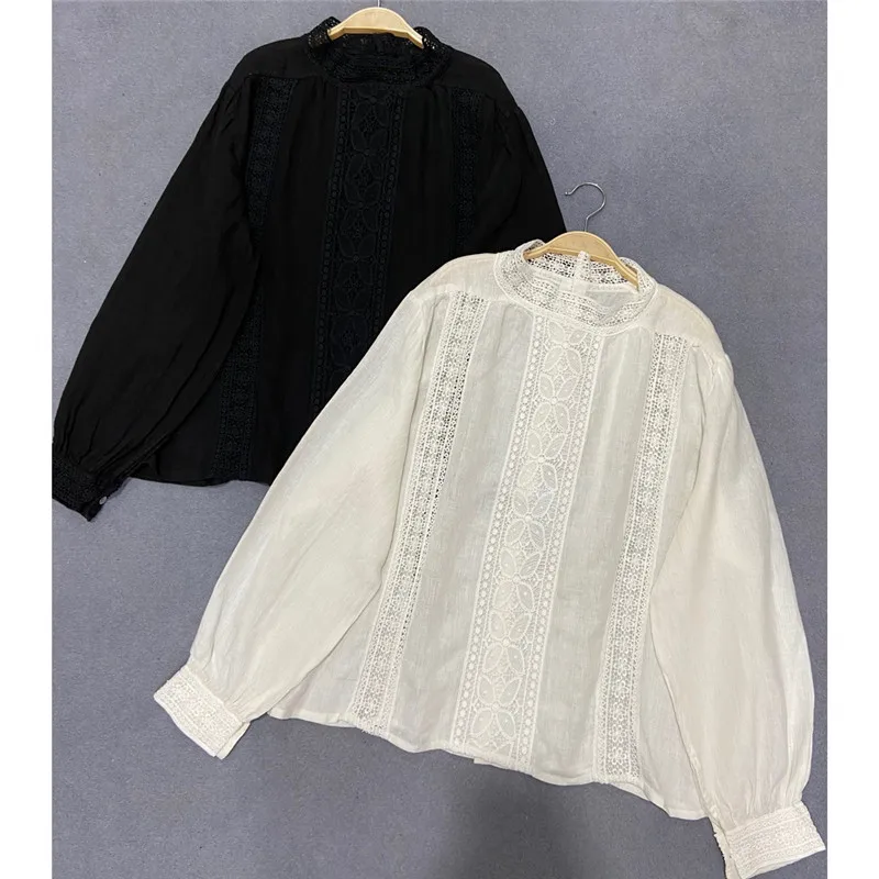 Johnature Nieuwe Mori Linnen Losse Hollow Out Vrouwen Shirts 2023 Lente Herfst Losse Vintage Effen Kleur Vrouwelijke Blouses