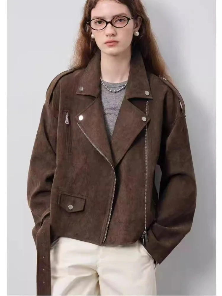 

Женская уличная замшевая байкерская куртка, осеннее укороченное модное пальто с воротником-стойкой, коричневая винтажная асимметричная куртка на молнии