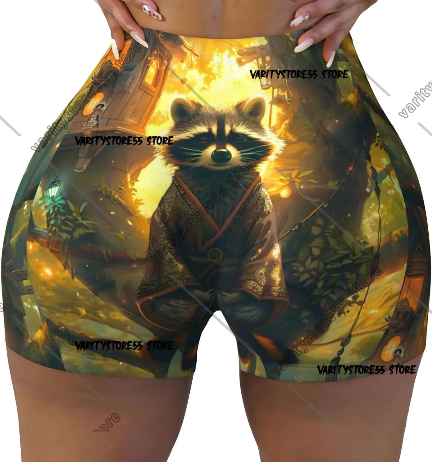 Pantaloncini da allenamento con stampa Tree Meditating Raccoon per donna Pantaloncini attivi scrunch per yoga da palestra, morbidi e lisci senza cuciture