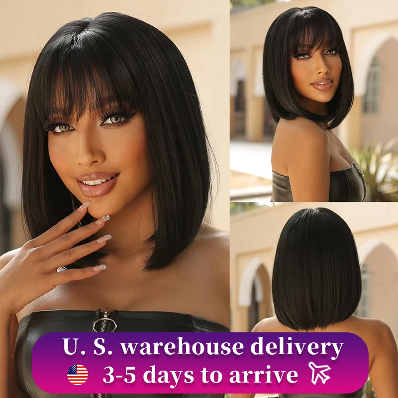 10 12 Inch Straight Bob Short  Synthetic Wigs With Bangs Black Hair Wigs For Women Daily Cosplay Party Wigs Heat Resistant 180%