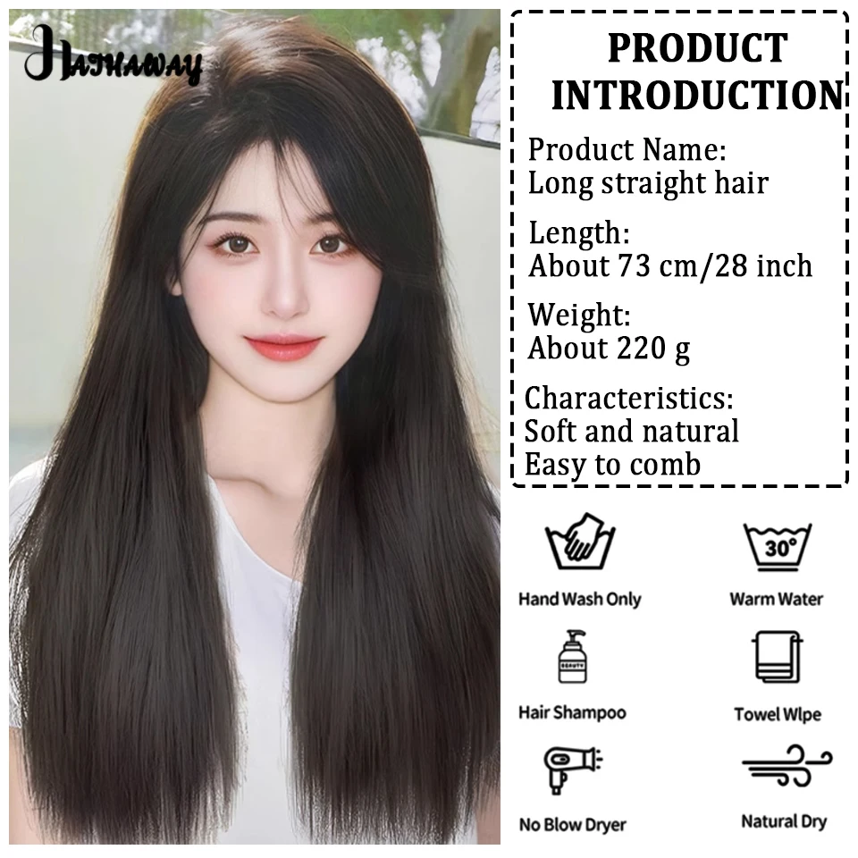 Synthetic Wig Female Long Hair Full Head First Love Divided Into Eight Bangs Black Long Straight Fluffy Natural Age Reducing Wig