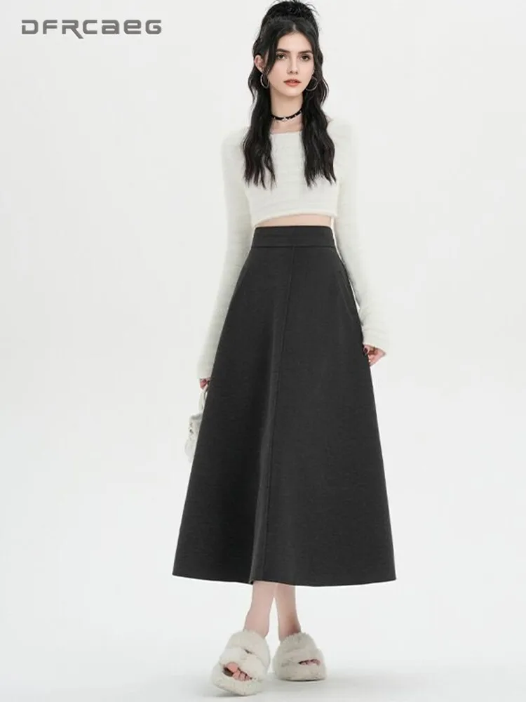 

Элегантная модная зимняя утепленная шерстяная длинная юбка для женщин в корейском стиле, свободные большие качели, офисные женские юбки трапециевидной формы с карманом