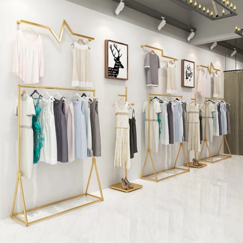 Custom, women garment store interior decoration gold stainless steel retail clothing shop racking display stand