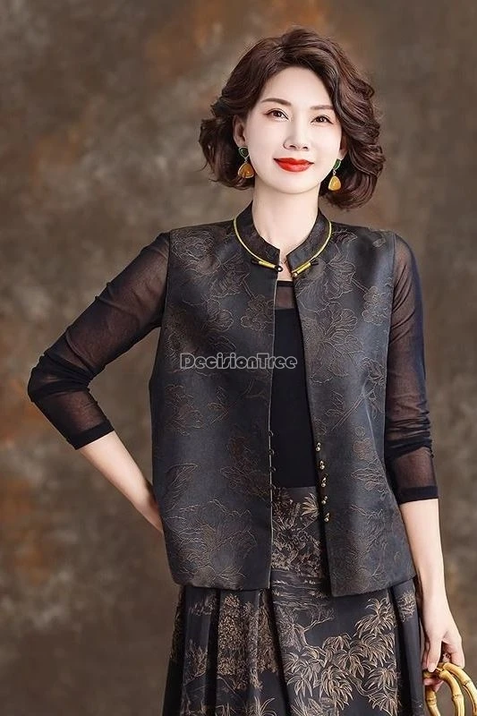

2026new chinese retro style women stand collar sleeveless coat top national jacquard jacket loose style tang suit cheongsam vest
