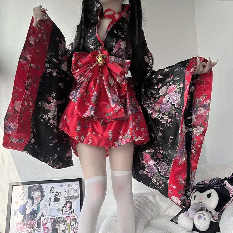 Abito kimono tradizionale giapponese Kawaii Pink Sakura stampato Bowknot Lolita Dress Halloween Party Geisha Costumi Cosplay coscos