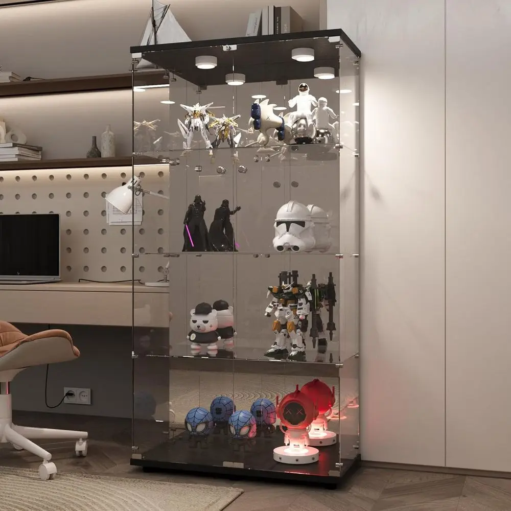 

Black 4-Shelf Glass Display Cabinet with Lighting, Mirror, and Lock, Ideal for Living Room or Bedroom