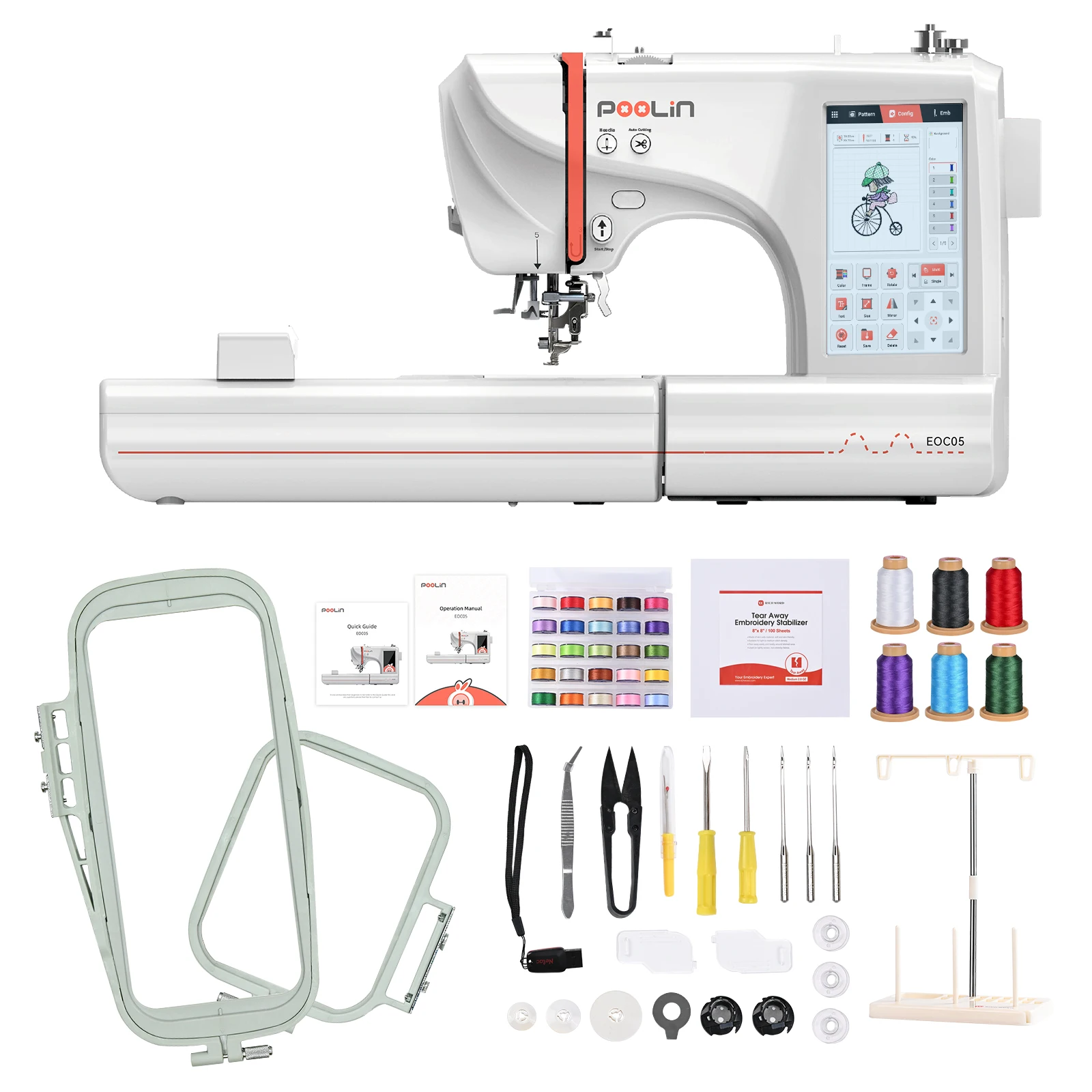 POOLIN Embroidery Machine EOC05  Computerized Machine Include Threads&Tear Away Stabilizer&Bobbin——EXCLUDING CUSTOMS DUTIES