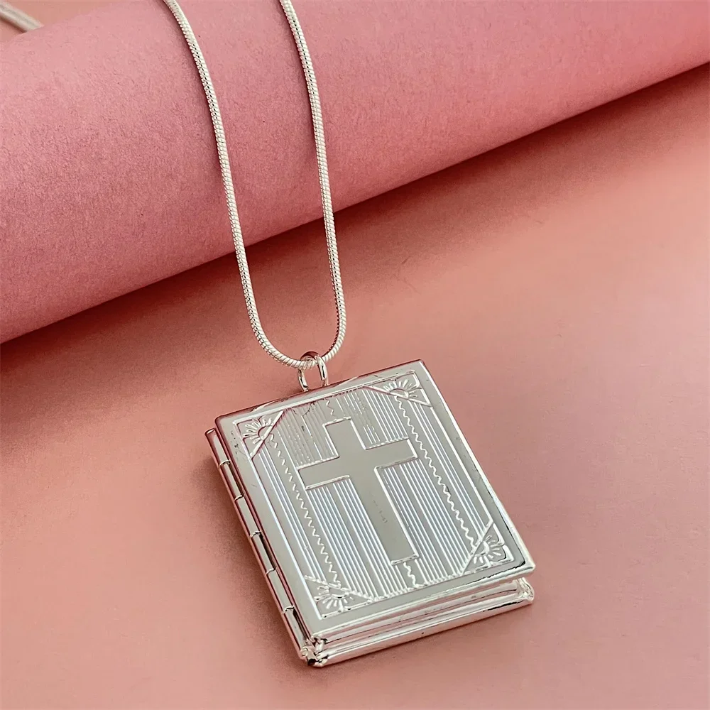 925 Silver Necklace Square Cross Photo Frame Pendant, Suitable For Women's Daily Wear